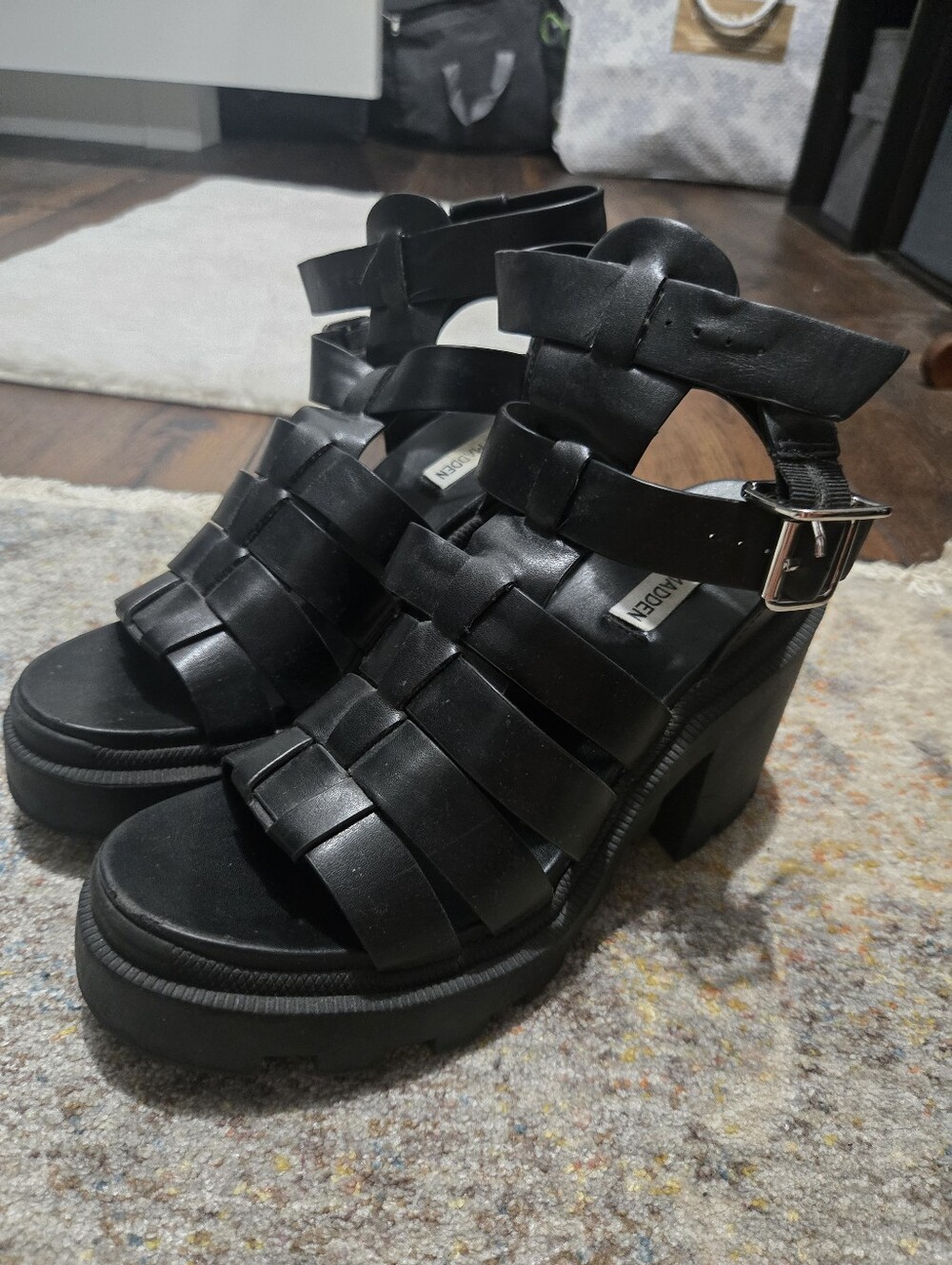 Steve Madden Black Strappy Platform Heeled Sandals - Women